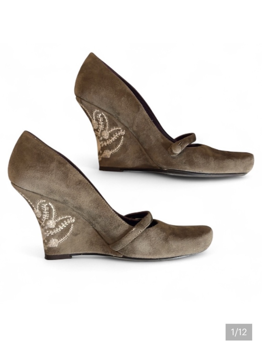 Vintage Jessica Bennett wedge heels brown suede embroidered shoes Women's sz 7M